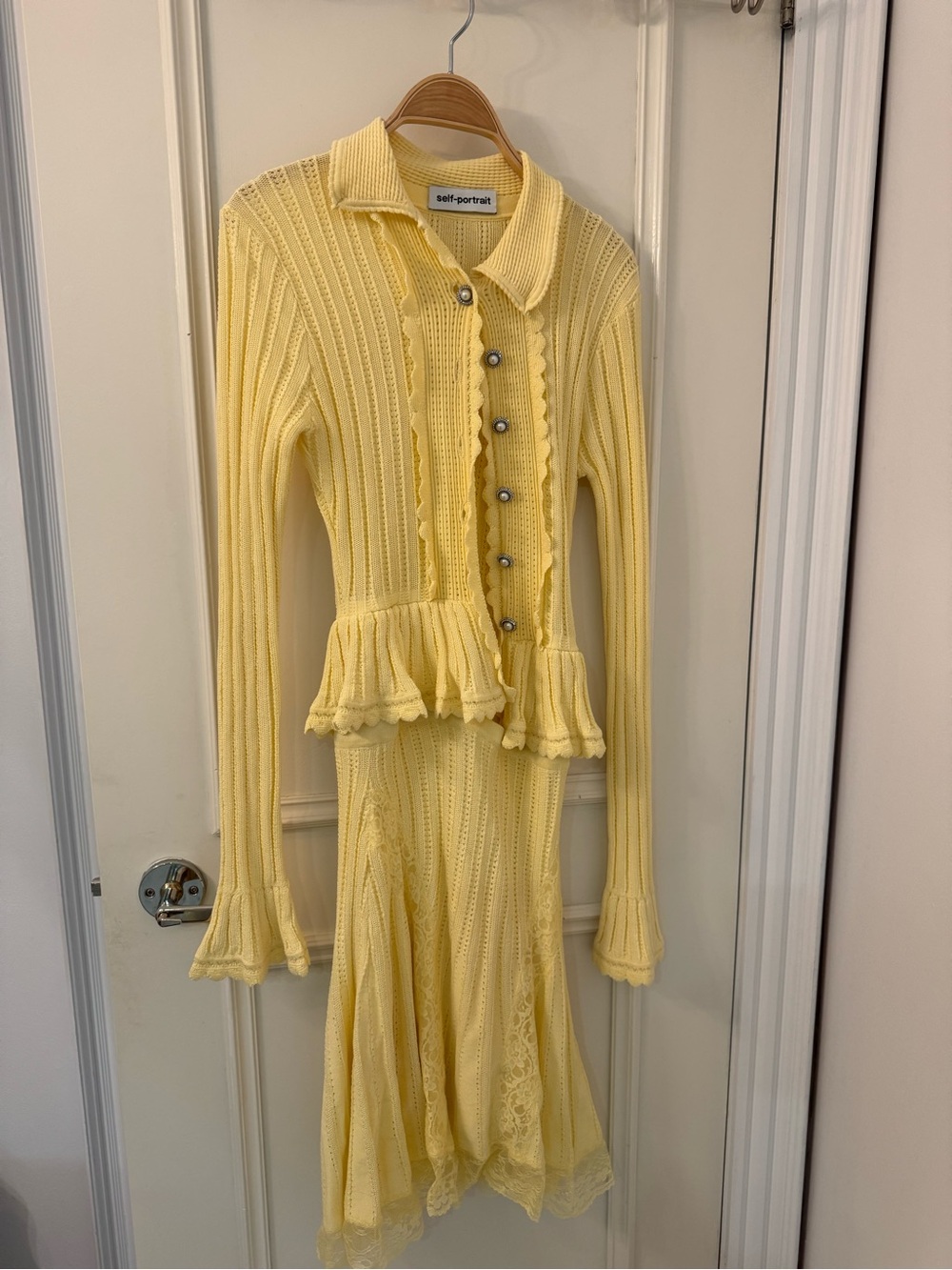 Self-Portrait Pale Yellow Knit Peplum Midi Dress